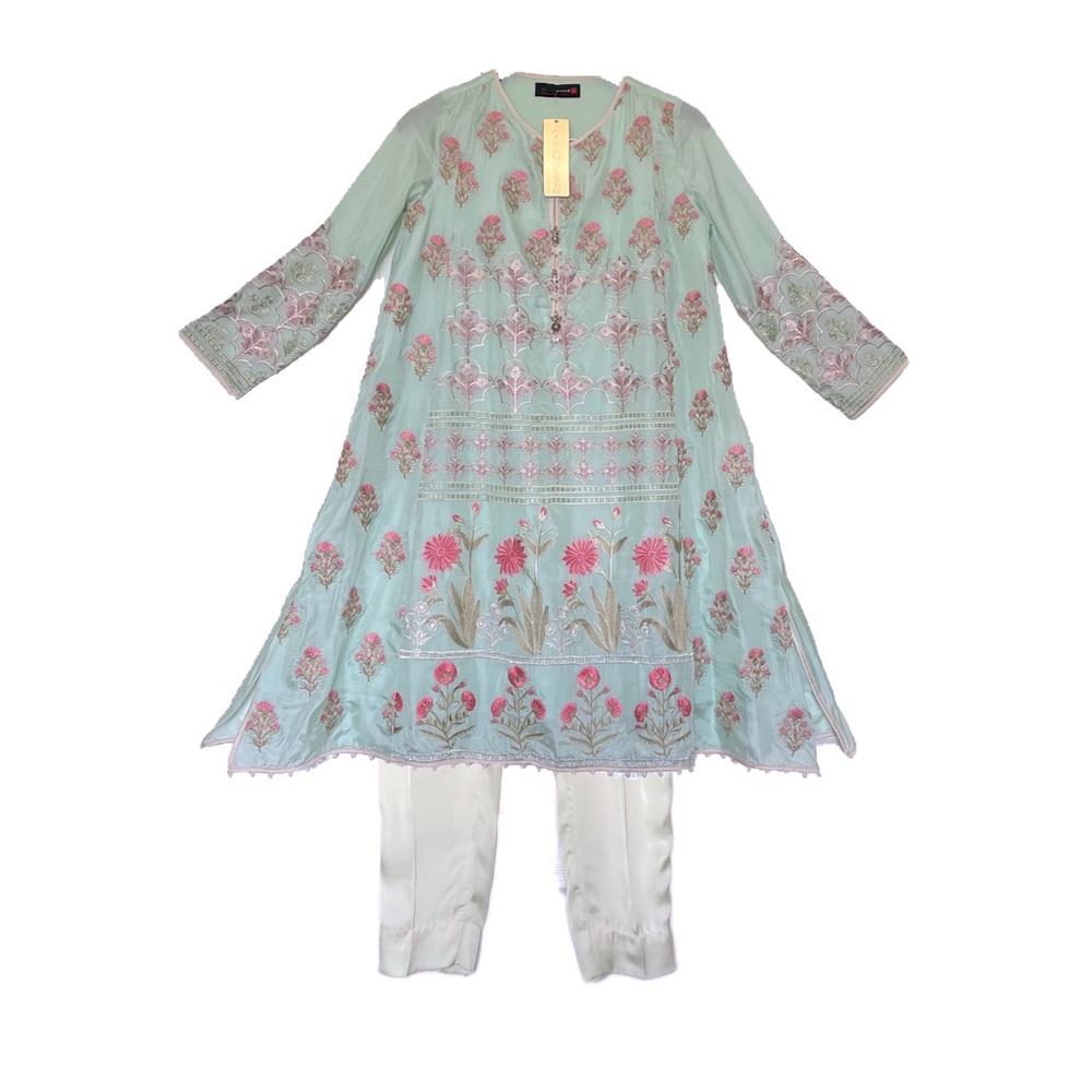 Khaadi Khaas Mint Green with Pink Embroidery Silk Kurta with Pants
